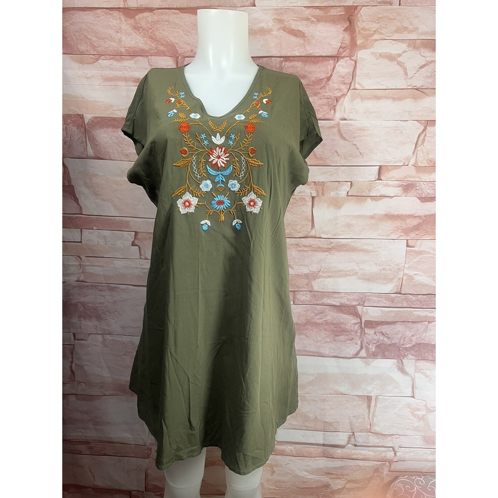 Shein Sz S Tunic Floral Embroidery Short Slv Olive Green Top